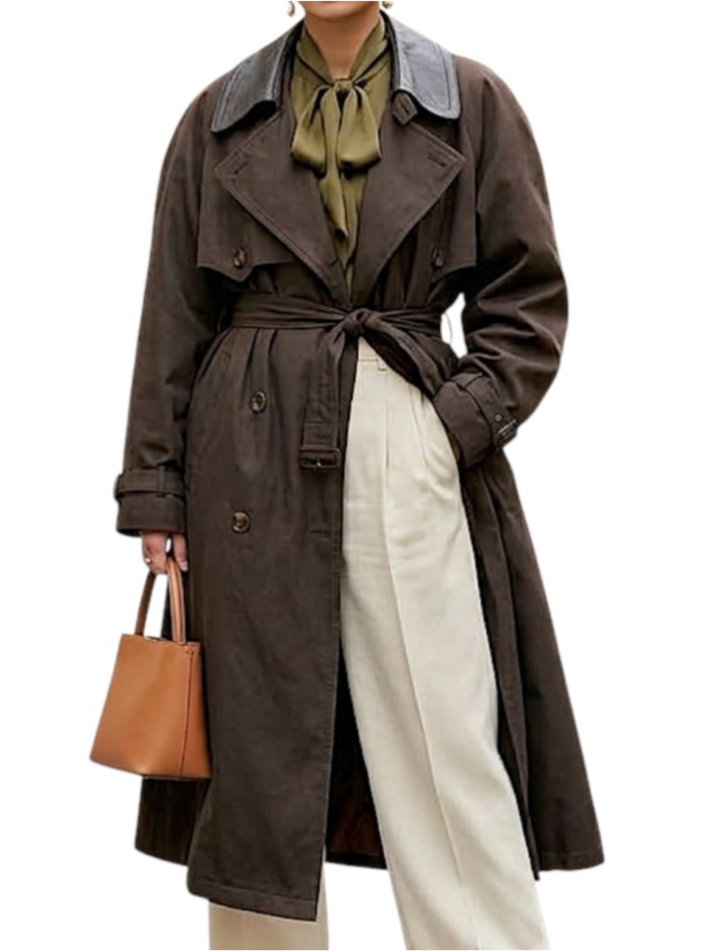 VTG 80s 90s chocolate brown leather trim lined batwing oversized trench coat 36